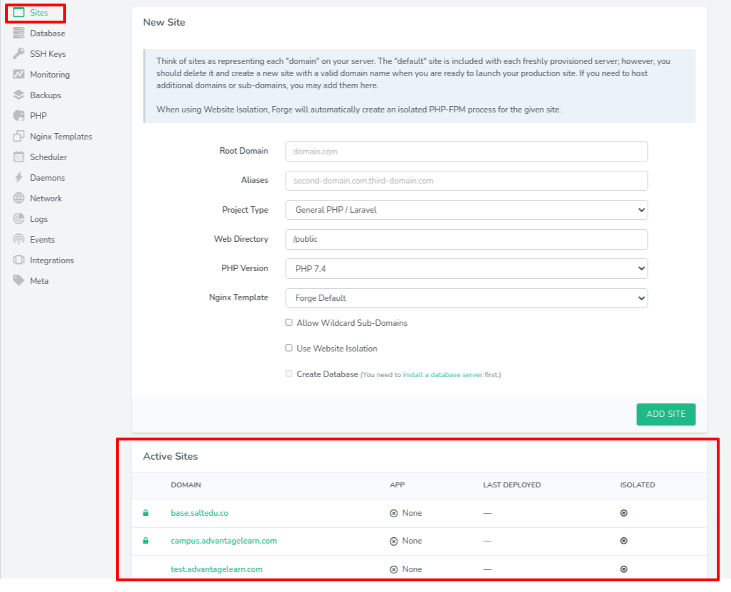 Laravel - Active Sites